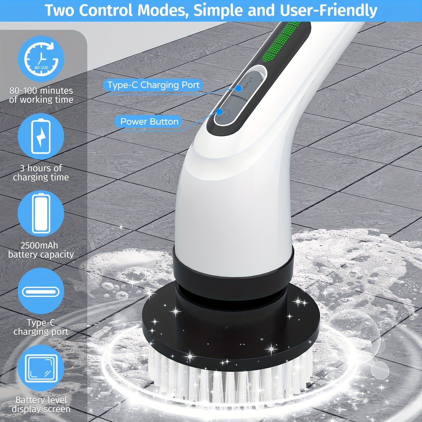 2025 Cordless Electric Spin Scrubber – Dual Speed, Adjustable Handle, 7 Brush Heads